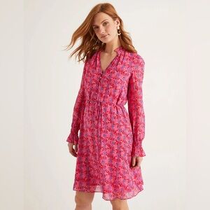 Boden Evangeline Long Sleeve Knee Length Dress Bright Pink Floral Tie Belt 16/18